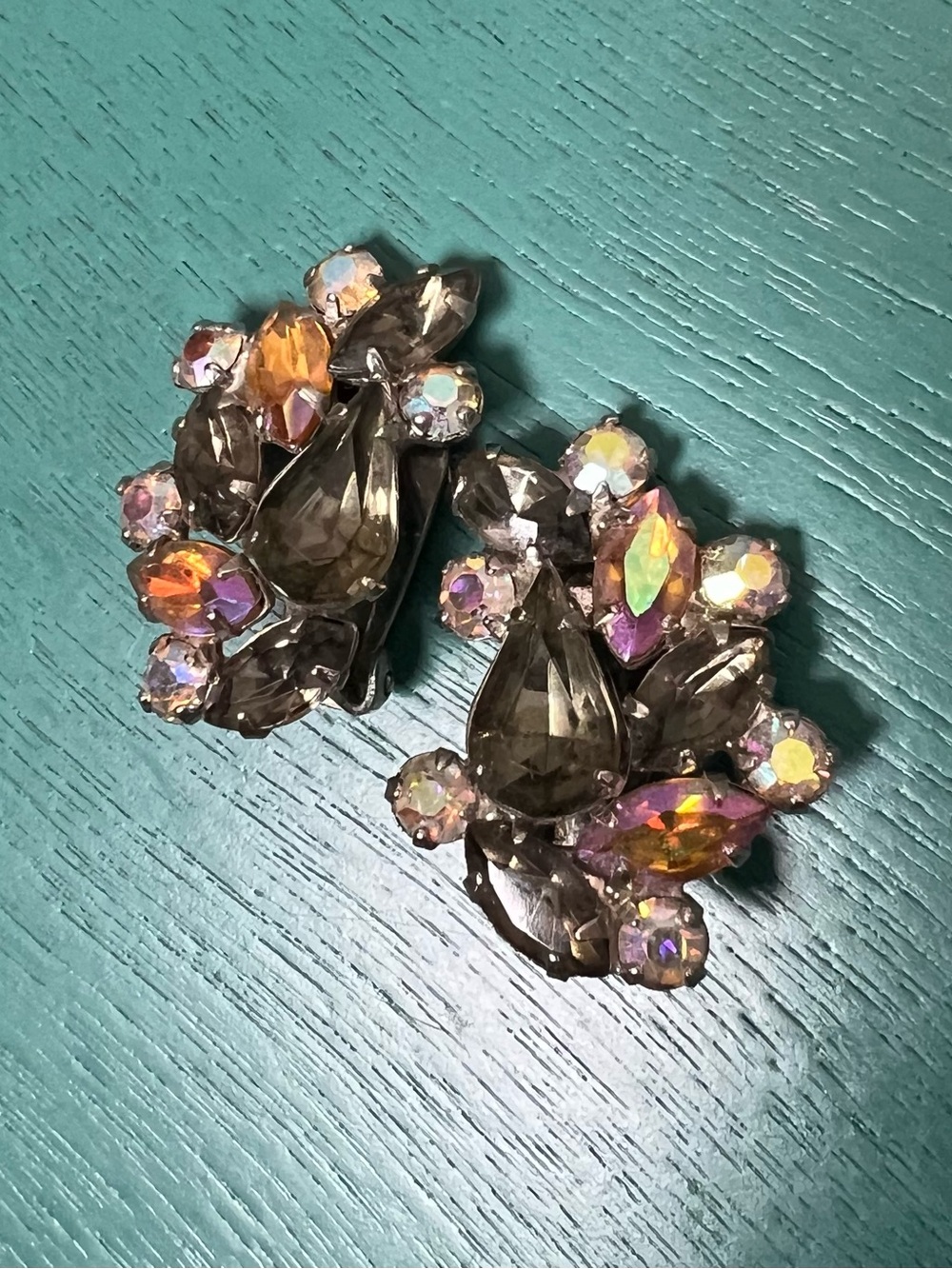 Vintage Smoky Crystal Cluster Clip-On Earrings - Multicolor Accent